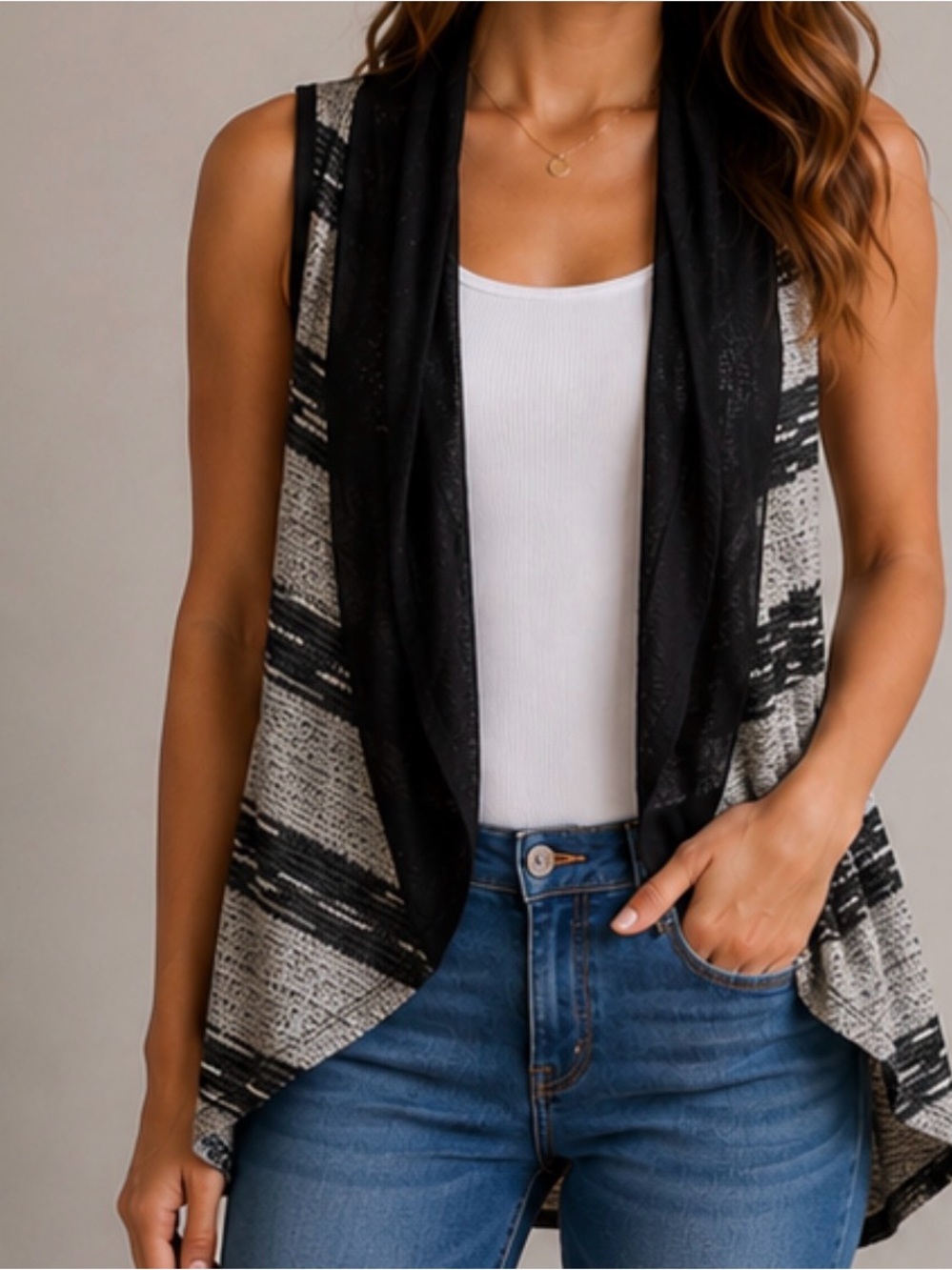 Daytrip Black & Gray Striped Open-Front Sweater Vest